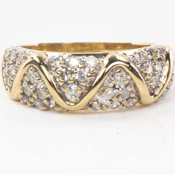 Vintage 14k Gold Natural Diamond Band Zig Zag Design Diamond Wedding Ring Pave Set Diamond Ring Size 6.25