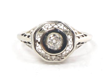 Vintage Art Deco 14k White Gold Old Mine Cut Diamond Filigree Ring