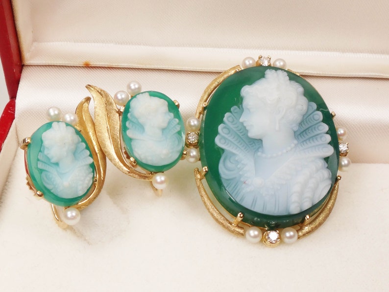 Vintage 14k Gold Green Hardstone Cameo Pendant Earrings Set: Pearl & Diamond Renaissance Revival image 1