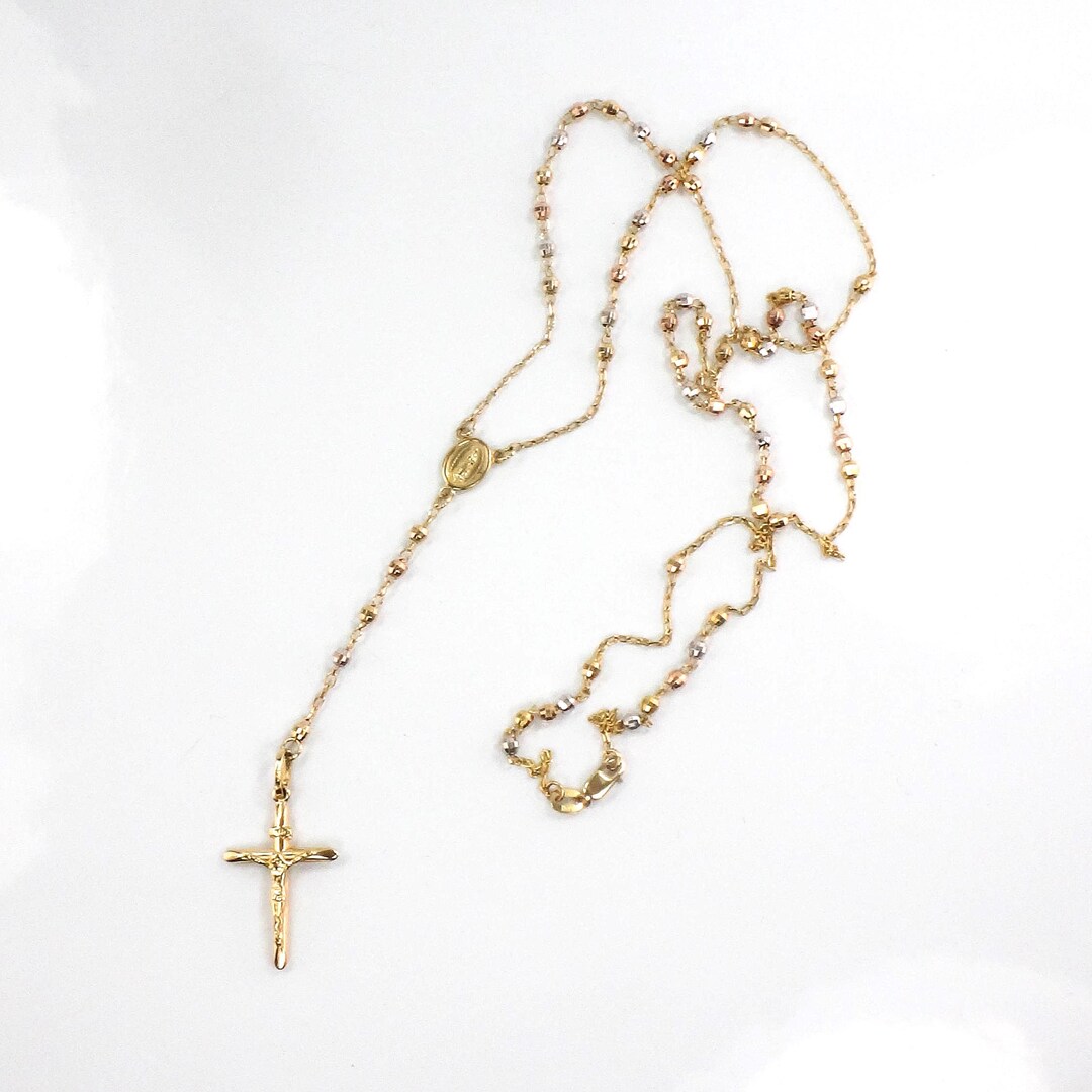 Vintage 14k Tri-color Gold Rosary Necklace With Crucifix
