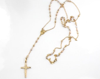 Vintage 14k Tri-Color Gold Rosary Necklace with Crucifix - 25"