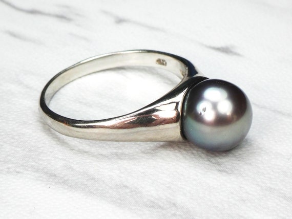 Vintage 14k Gold Black Tahitian Pearl Ring 14k White Gold 8.5 MM