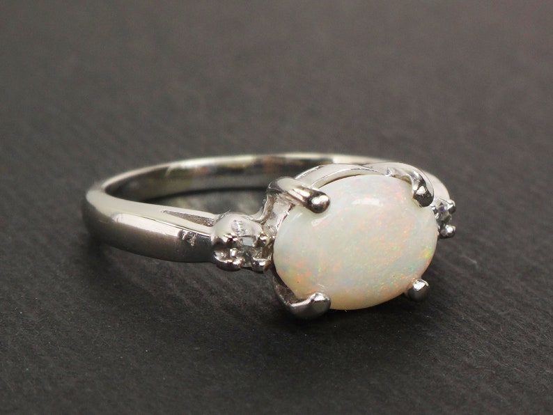 Vintage 14k White Gold Natural Opal and Diamond Ring Sideways Opal Ring Size 5 image 3