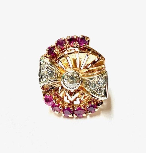 Vintage Rose Gold Natural Diamond and Ruby Ring 1… - image 1