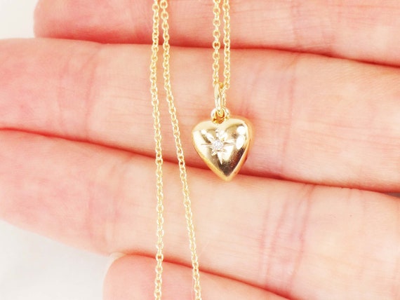 Vintage Petite 14k Diamond Puffy Heart Necklace Go