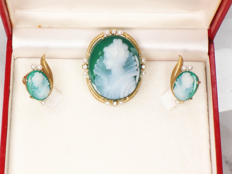 Vintage 14k Gold Green Hardstone Cameo Pendant Earrings Set: Pearl & Diamond Renaissance Revival image 6
