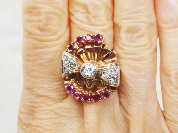 Vintage Rose Gold Natural Diamond and Ruby Ring 1… - image 8