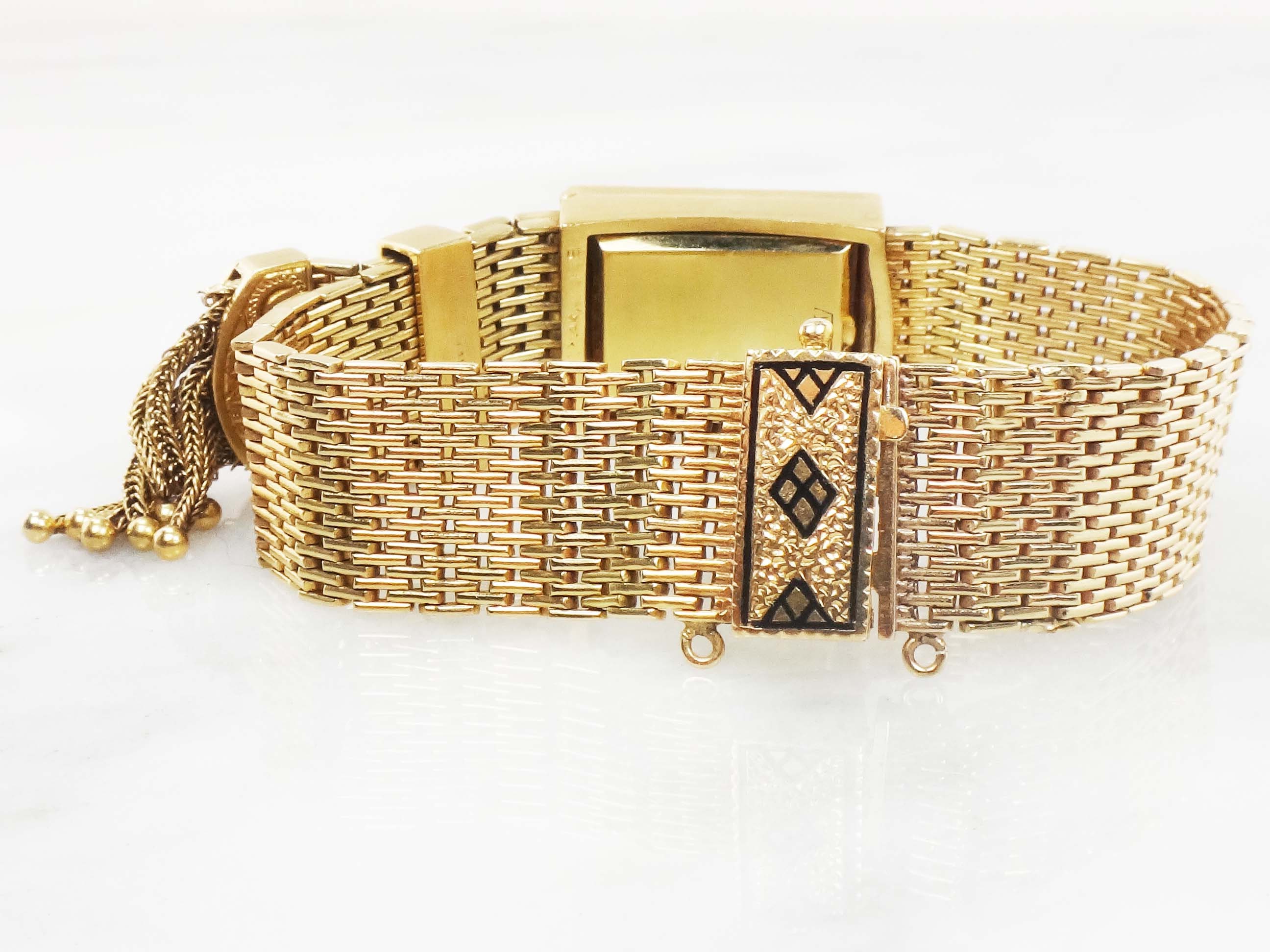 Vintage 14k Yellow Gold Mesh Tassel Bracelet Watch, Perle
