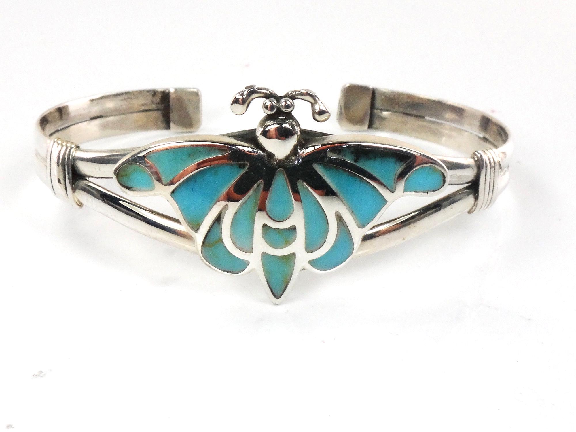 Sterling Silver Blue Butterfly Cuff Bracelet, Vintage Silver Blue Turquoise Inlay Bracelet
