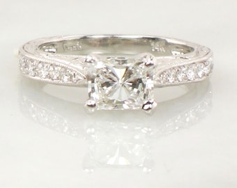 Vintage GIA Radiant Cut Diamond Engagement Ring: 14k White Gold Sideways Setting, Size 4