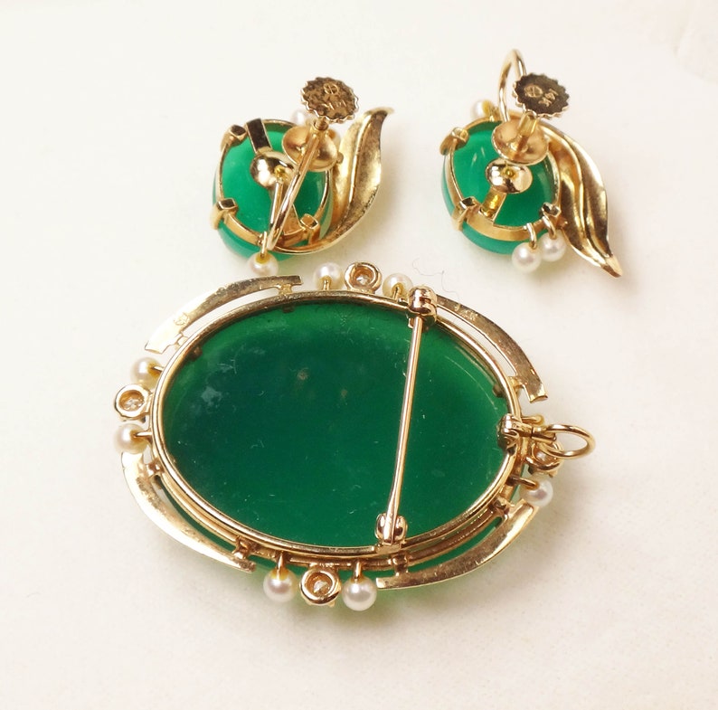 Vintage 14k Gold Green Hardstone Cameo Pendant Earrings Set: Pearl & Diamond Renaissance Revival image 9