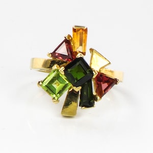 Vintage 18k Gold Multi-Gemstone Cluster Ring: Italian Tourmaline Citrine Peridot, Size 7