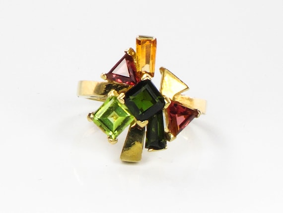 Vintage 18k Gold Multi-Gemstone Cluster Ring: Italian Tourmaline Citrine Peridot, Size 7