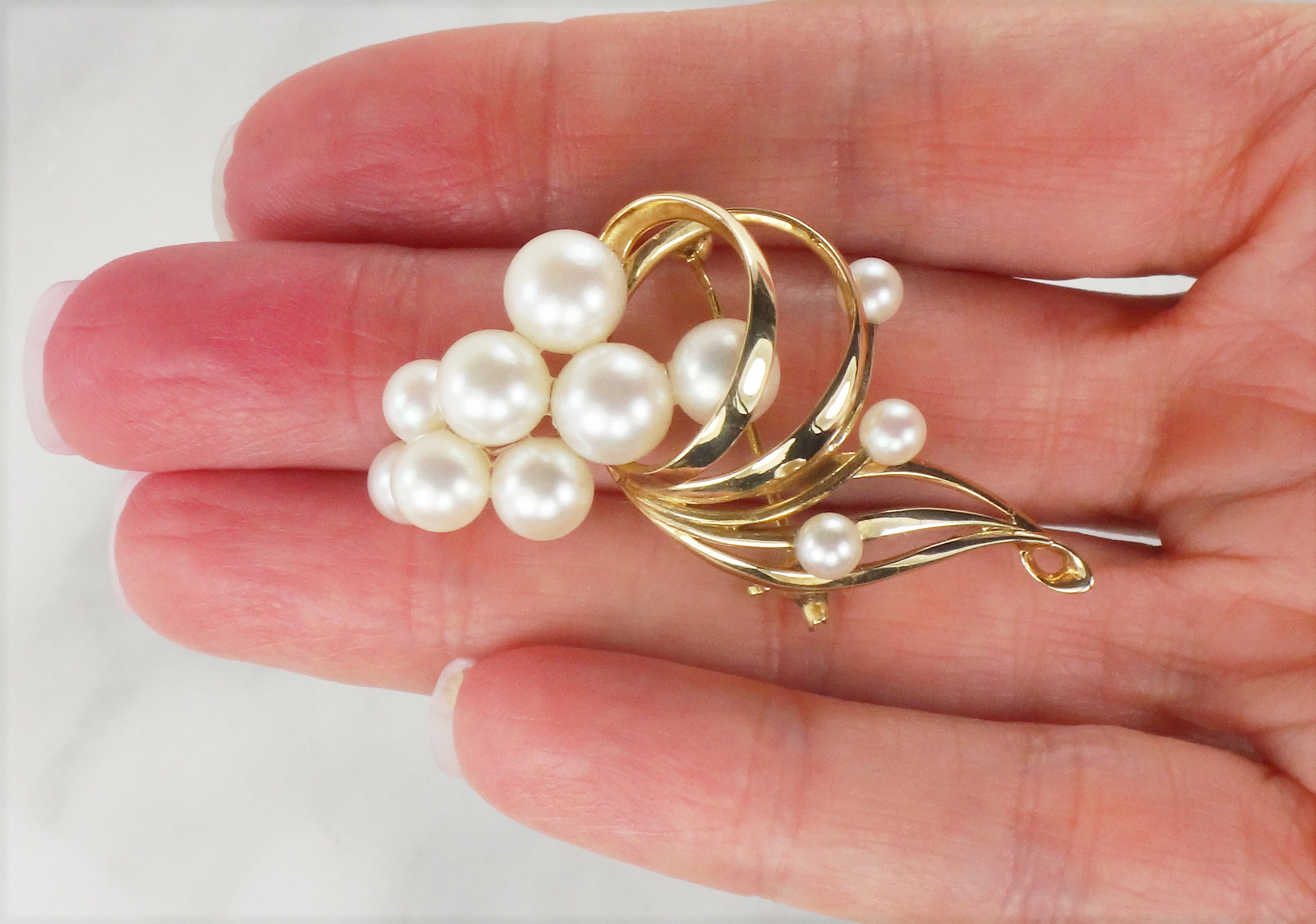 Mikimoto Cultured Pearl Floral Brooch 14k Yellow Gold Statement