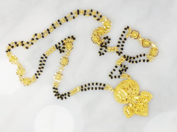 Black Bead Necklace Long Fancy 22k Gold 