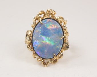 Vintage 14k Yellow Gold Opal Doublet Brutalist Ring October Birthstone Ring