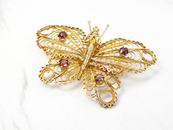 Vintage 14k Gold Butterfly Pin Gold Filigree Pin … - image 4