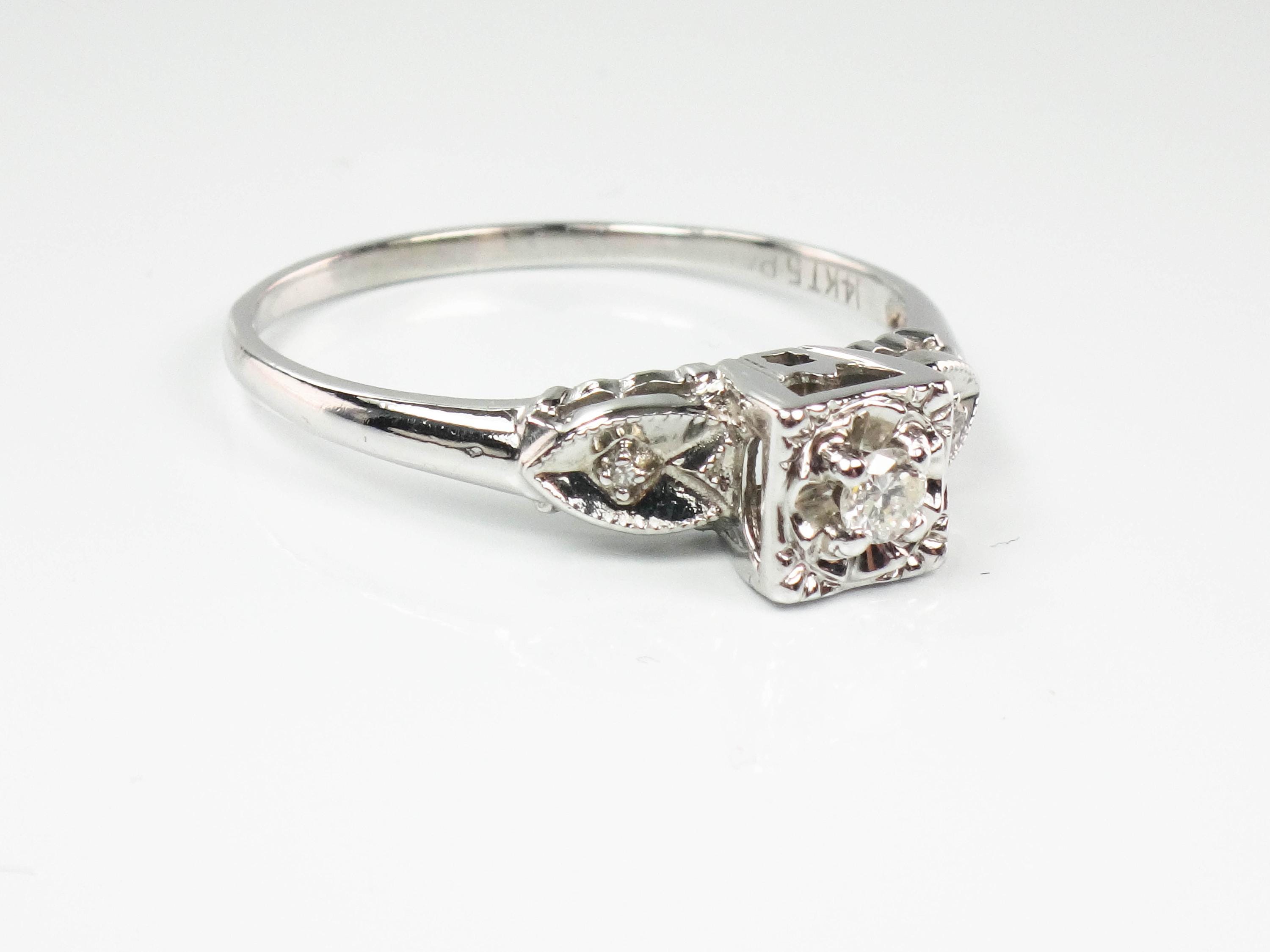 Vintage 14k White Gold Round Natural Diamond Engagement Ring, Size 10 ...