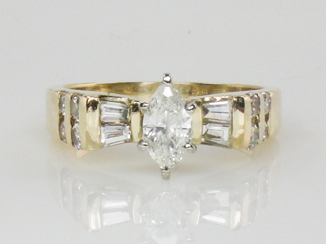 Vintage 14k Yellow Gold Marquise Natural Diamond Engagement Ring - Etsy