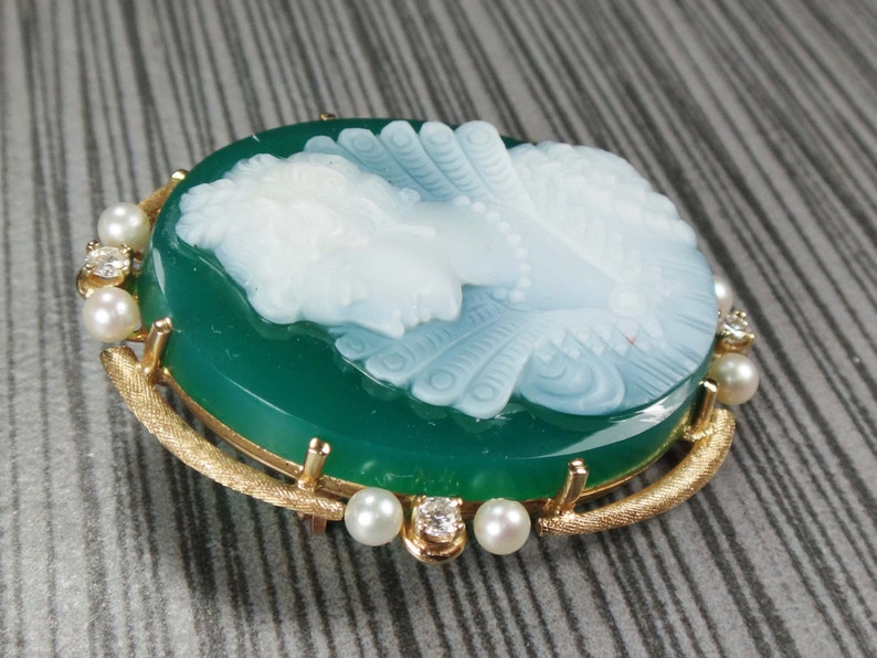 Vintage 14k Gold Green Hardstone Cameo Pendant Earrings Set: Pearl & Diamond Renaissance Revival image 7