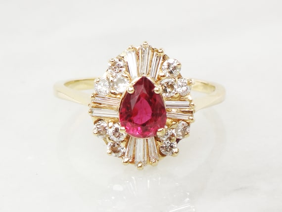 Vintage 14k Yellow Gold Ruby Diamond Ring: Baller… - image 3