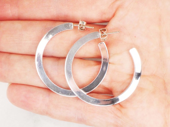Vintage Sterling Silver Hoop Earrings Wide Sterlin