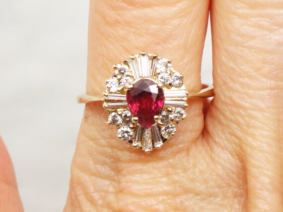 Vintage 14k Yellow Gold Ruby Diamond Ring: Baller… - image 6