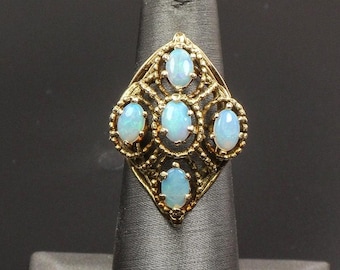Vintage 14k Yellow Gold Natural Opal Cluster Ring, October Birthstone Size 5.5