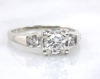 Vintage .45 Carat Diamond Engagement Ring: 14k White Gold, Size 6.5