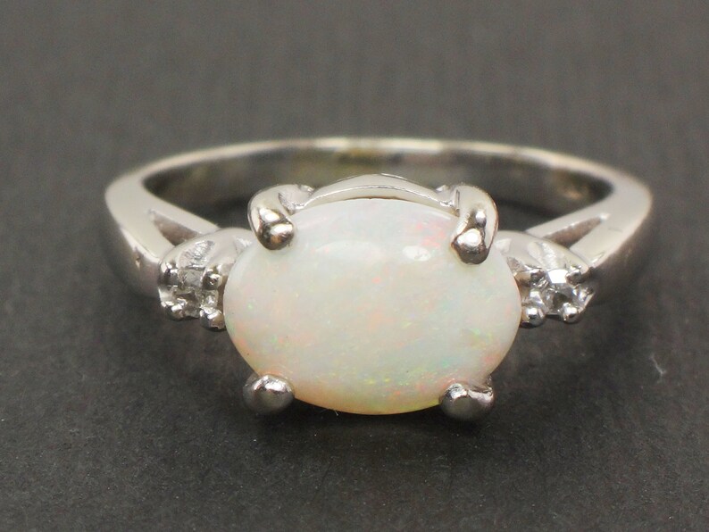 Vintage 14k White Gold Natural Opal and Diamond Ring Sideways Opal Ring Size 5 image 4