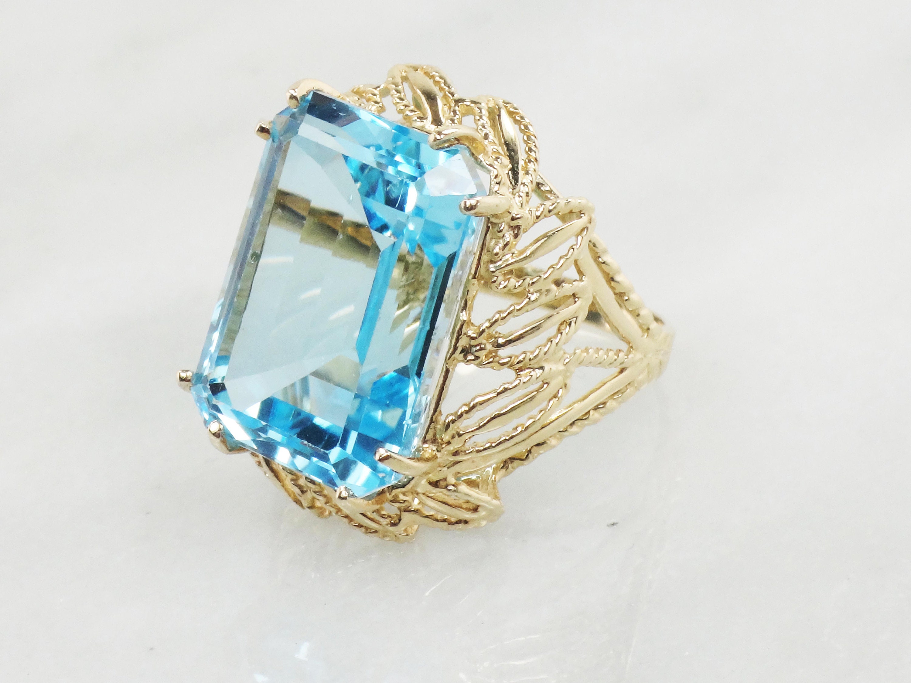 Vintage 14k Blue Topaz RingGold Floral Ring Rectangular Large | Etsy