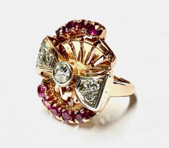 Vintage Rose Gold Natural Diamond and Ruby Ring 1… - image 2