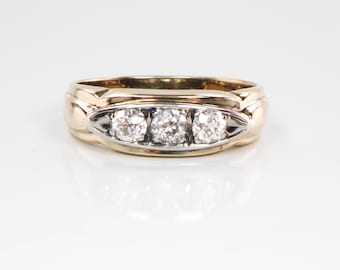 Vintage Art Deco 14k Gold Diamond Ring: Three Old Mine Cuts, 1930s, Size 8.75