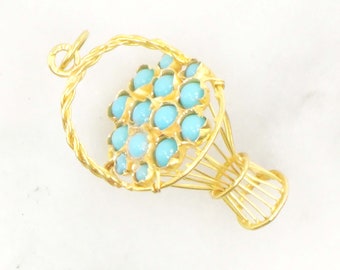 Vintage 18k Gold Turquoise Basket Charm Pendant