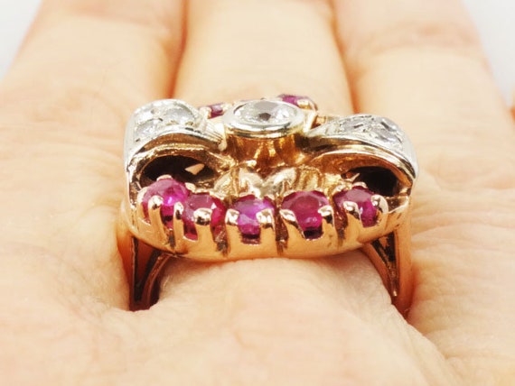Vintage Rose Gold Natural Diamond and Ruby Ring 1… - image 9