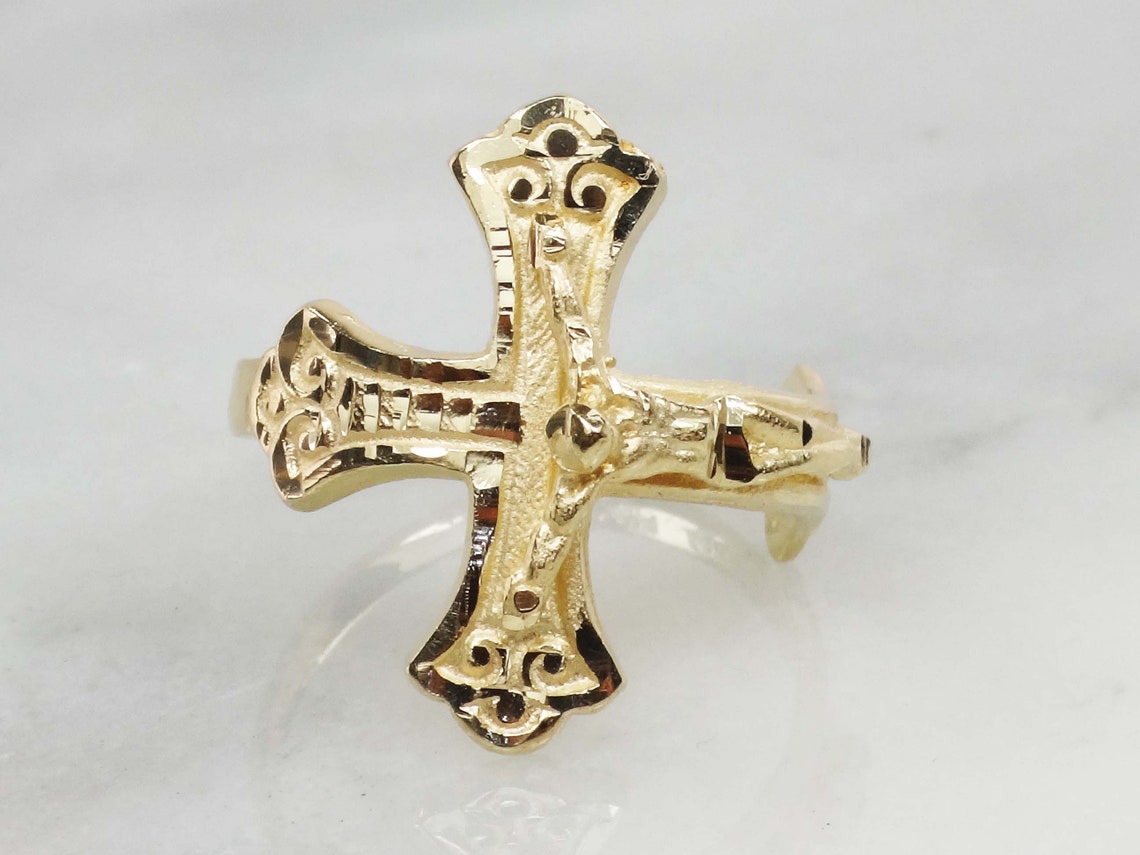 Vintage 14k Gold Crucifix Ring Unisex Cross Ring Yellow Gold Etsy