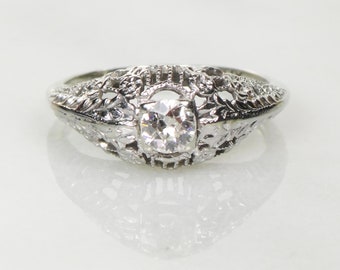 Vintage Natural Diamond Engagement Ring 14k White Gold Old European Cut Diamond 1920 Art Deco Filigree Ring