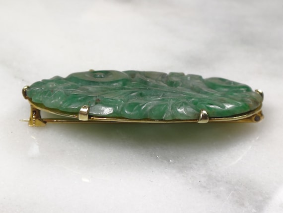 Antique 14k Gold Carved Jade Floral Pin Brooch - image 9