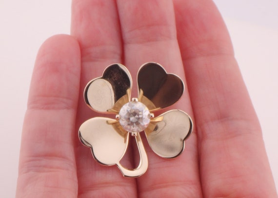 Vintage Large 14k Four Leaf Clover Pin with Clear… - image 1