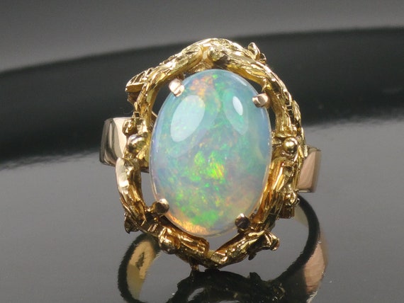 Vintage 14k Yellow Gold Natural Opal Brutalist Ri… - image 2