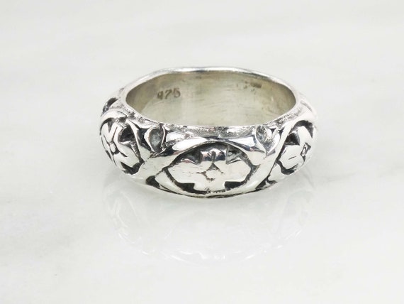 Vintage Sterling Silver Floral Ring Wide Sterling