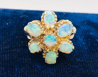 Vintage 14k Yellow Gold Floral Natural Opal Cluster Ring, October Birthstone Ring, Size 5.75