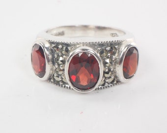 Vintage Sterling Silver Garnet Marcasite Ring Three Garnet Band Size 5.5