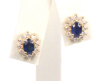 Vintage 14k Yellow Gold Natural Blue Sapphire and Diamond Halo Stud Earrings