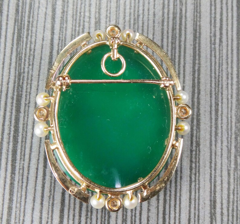 Vintage 14k Gold Green Hardstone Cameo Pendant Earrings Set: Pearl & Diamond Renaissance Revival image 8
