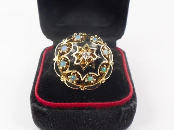 Vintage 14k Yellow Gold Opal Diamond and Black En… - image 1