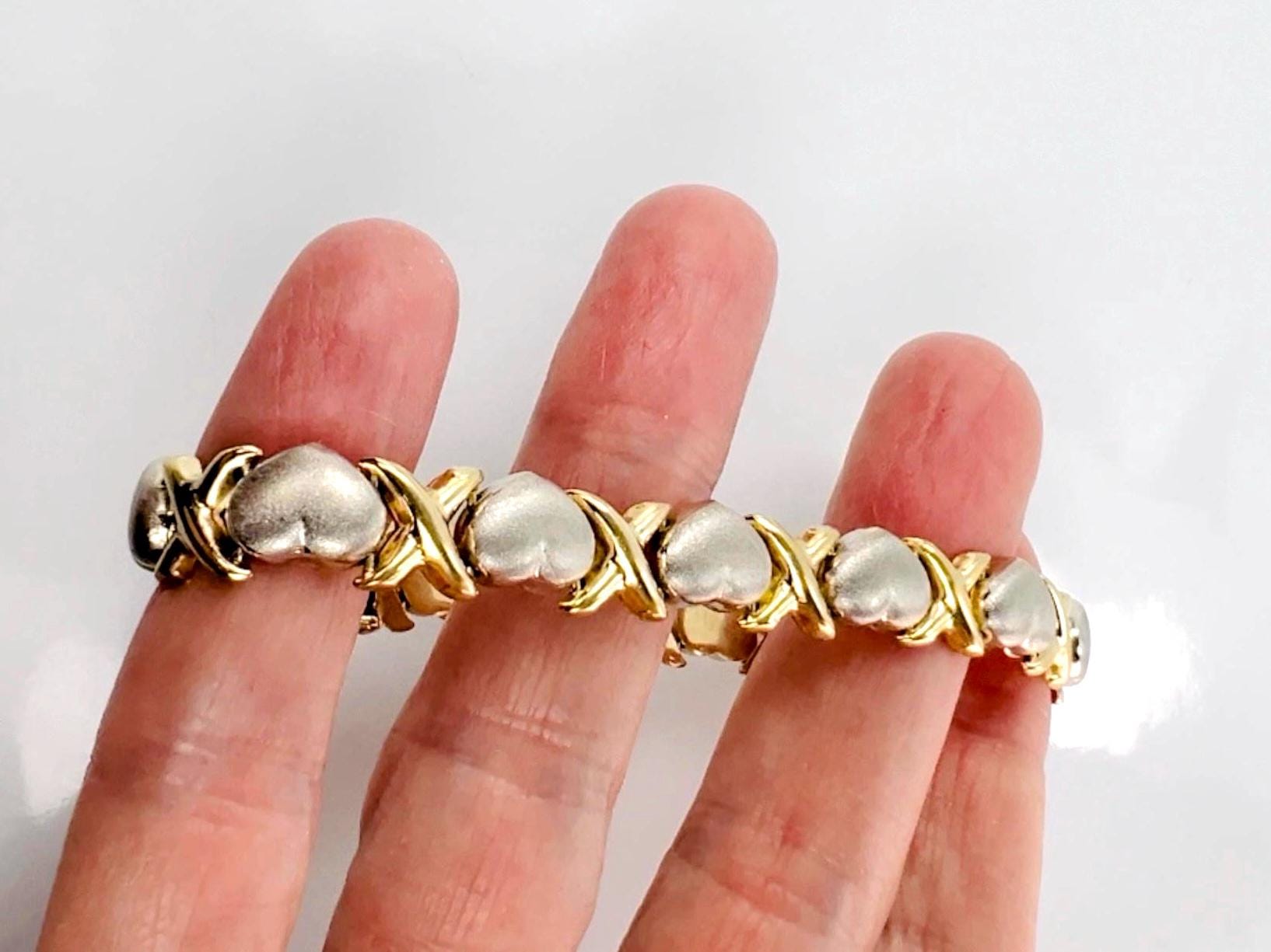 Vintage 14k Two-tone Gold X and Hearts Bracelet - 7.25