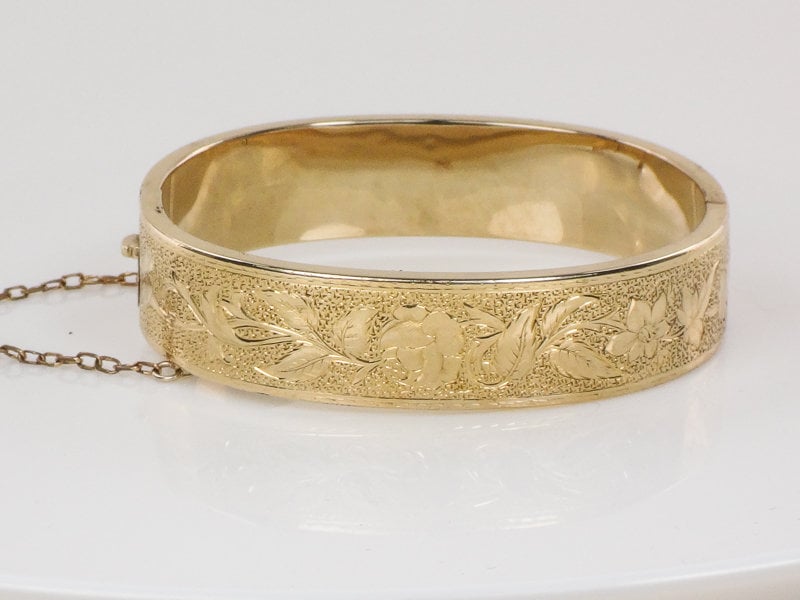 Antique Victorian Small 14k Gold Bangle Bracelet Wide Hinged