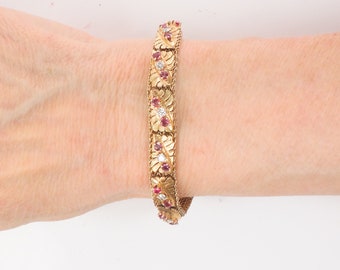 14k Yellow Gold Natural Diamond and Ruby Bracelet Mid-Century July Birthstone Bracelet 6.75"