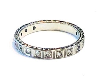 Art Deco Diamond Eternity Band - Platinum Engraved Wedding Ring, 1930s Size 5.25